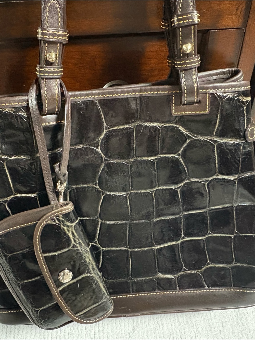 Dooney & Bourke Dark Brown Croc-Embossed Tote with Pouch